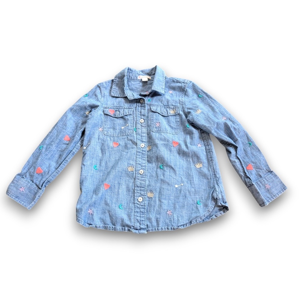 Girls Crewcuts Blue Chambray Denim Button Up Shirt Embroidered Size 6